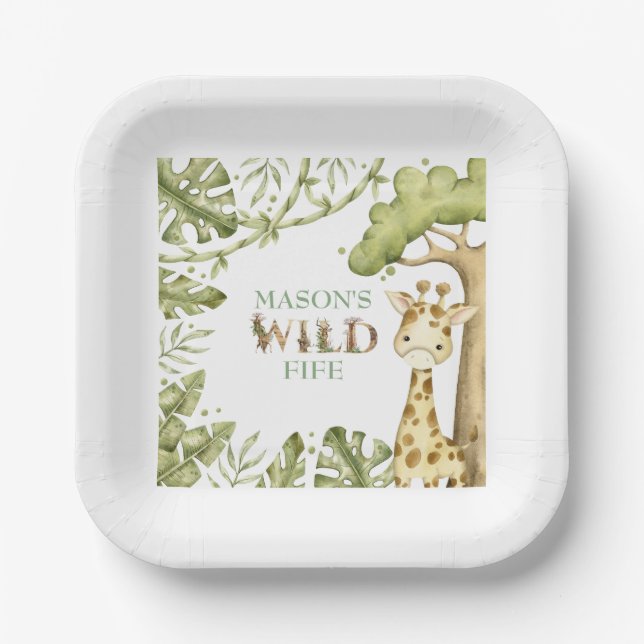 Plato De Papel Safari Wild One Watercolor Cumpleaños (Anverso)