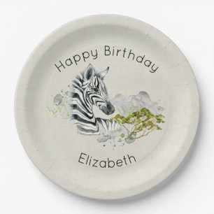Plato De Papel Safari Zebra Wild Exotic Animal Feliz cumpleaños
