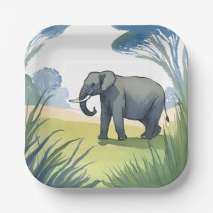 Plato De Papel Safaris de Elefantes   Hermosa Naturaleza Acuarela