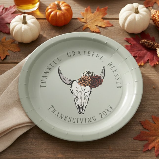 Plato De Papel Sage Agradecimiento Agradecimiento Agradecimiento  (Elegant Sage Gothic Fall Floral Cow Skull Thanksgiving Paper Plates. Thankful Grateful Blessed)