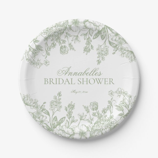 Plato De Papel Sage Chinoiserie Floral Bridal Shower Dessert (Anverso)