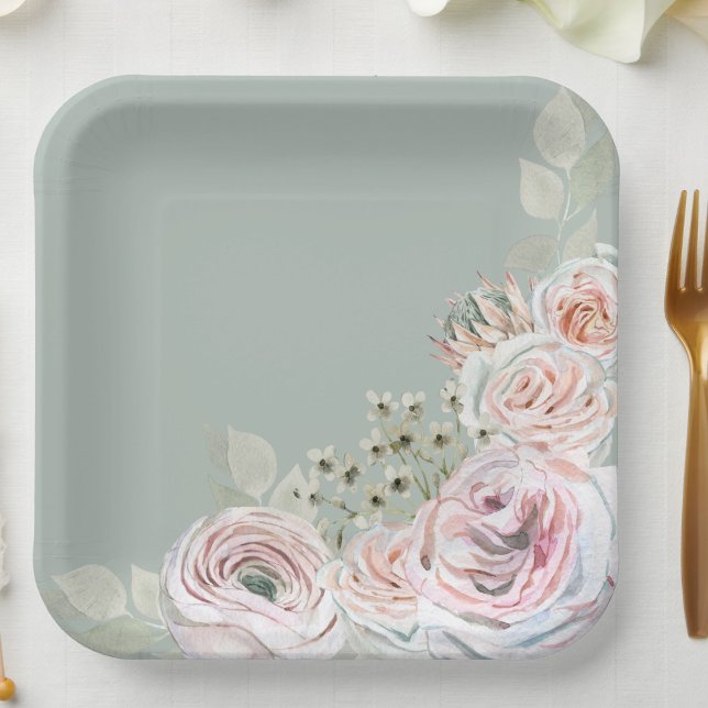 Plato De Papel Sage Delicate flor acuarela palepink Cumpleaños (Sage Delicate watercolor flower palepink Birthday Paper Plates)