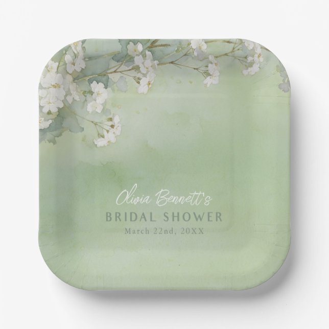 Plato De Papel Sage Floral Bridal Shower Paper Plates (Anverso)