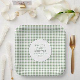 Plato De Papel Sage Gingham Nombre Baby Shower local
