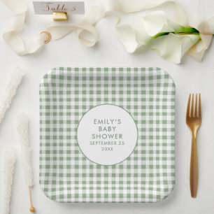 Plato De Papel Sage Gingham Nombre Baby Shower local