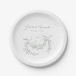 Plato De Papel Sage Gray Toile de Jouy Wedding Paper Plates