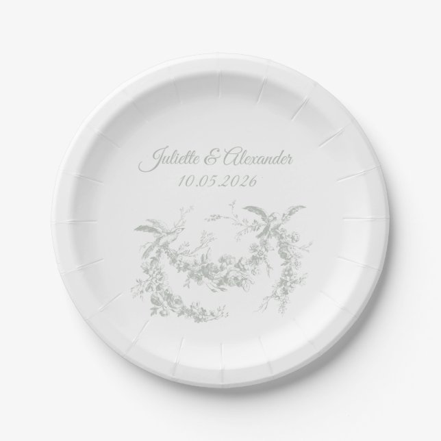 Plato De Papel Sage Gray Toile de Jouy Wedding Paper Plates (Anverso)