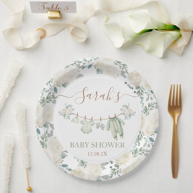 Plato De Papel Sage Green Baby Clothes Baby Shower (Boda)