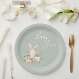 Plato De Papel Sage Green Baby Love Script Baby Shower