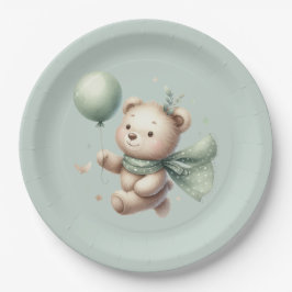 Plato De Papel Sage Green Bear Baby Shower