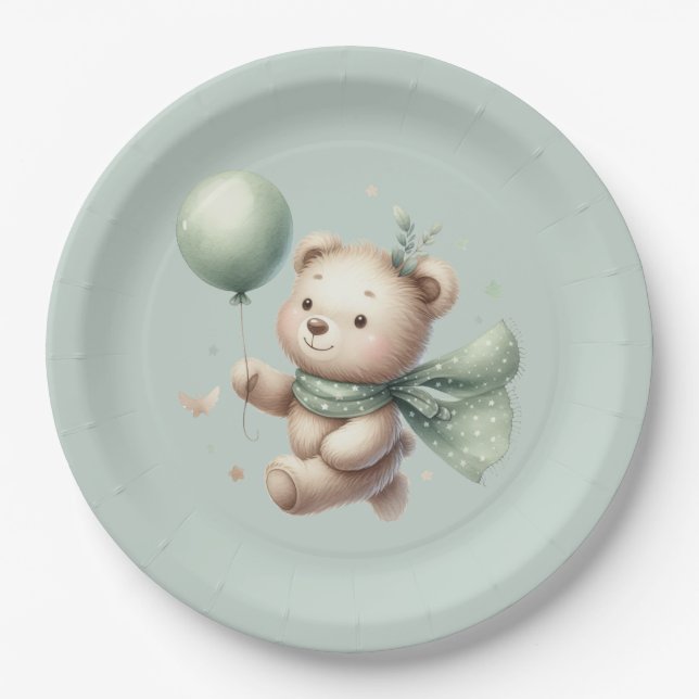 Plato De Papel Sage Green Bear Baby Shower (Anverso)