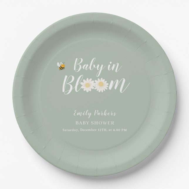 Plato De Papel Sage Green Boho Daisy Floral Baby En Bloom Shower (Anverso)