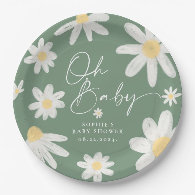 Plato De Papel Sage Green Boho Daisy Placas de papel de flores (Anverso)