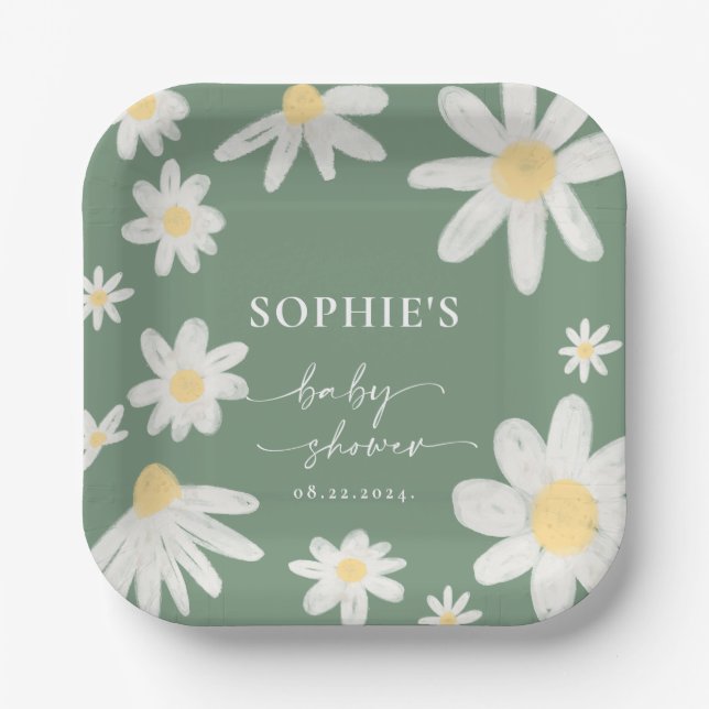 Plato De Papel Sage Green Boho Daisy Placas de papel de flores (Anverso)