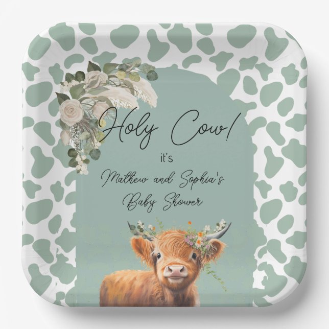 Plato De Papel Sage Green Boho Holy Cow Farm Baby Shower (Anverso)