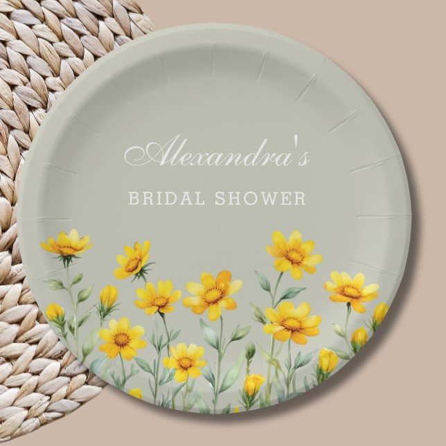 Plato De Papel Sage Green Boho Yellow Wildflower Brillante Ducha (Subido por el creador)