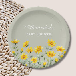 Plato De Papel Sage Green Boho Yellow Wilflower Baby Shower