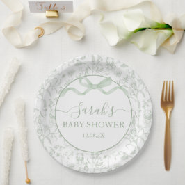 Plato De Papel Sage Green Bow Baby Shower Boy