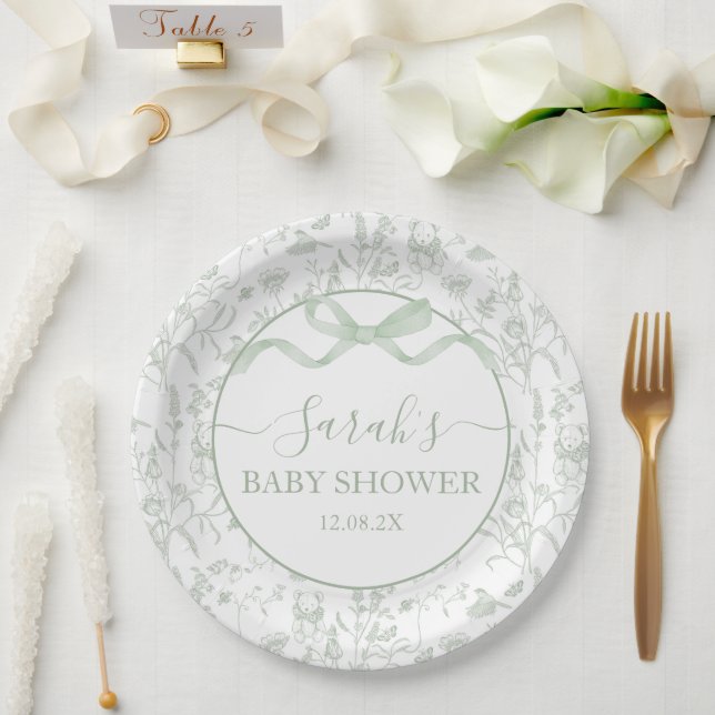 Plato De Papel Sage Green Bow Baby Shower Boy (Boda)