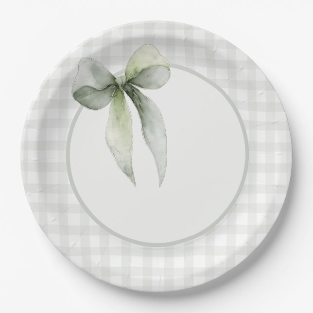 Plato De Papel Sage Green Bow Gingham Baby Shower (Anverso)