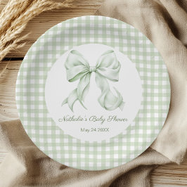 Plato De Papel Sage Green Bow Gingham Baby Shower