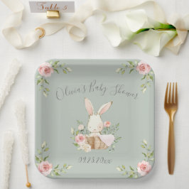 Plato De Papel Sage Green Bunny Rabbit Baby Shower