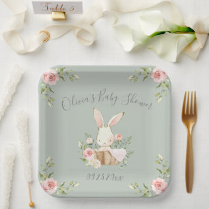 Plato De Papel Sage Green Bunny Rabbit Baby Shower