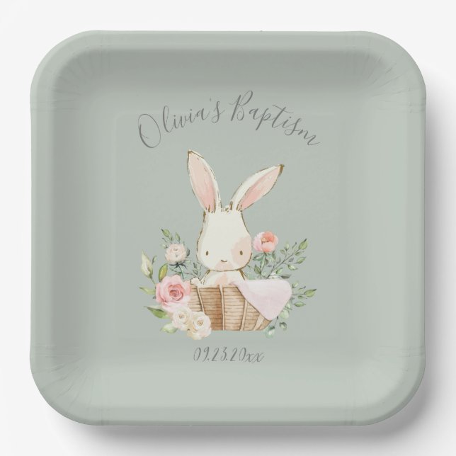 Plato De Papel Sage Green Bunny Rabbit Chica Baby Baptism (Anverso)