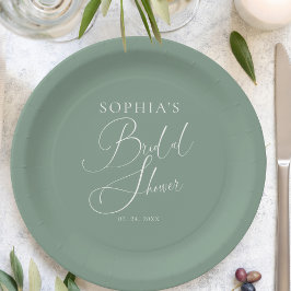 Plato De Papel Sage Green caligrafía Minimalista ducha de novia