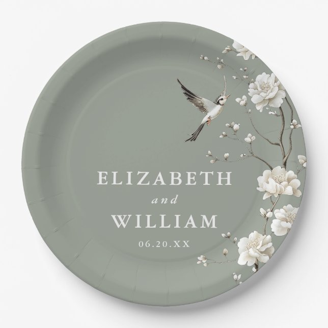 Plato De Papel Sage Green Chinoiserie Floral Garden Wedding (Anverso)
