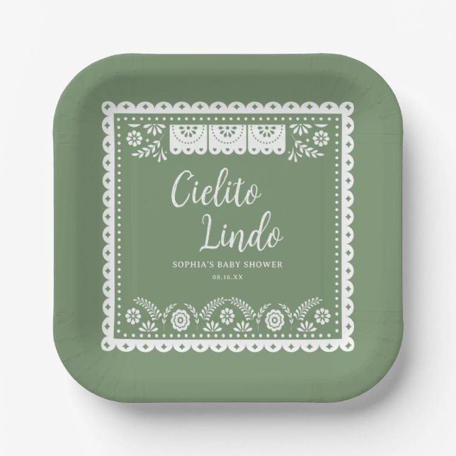 Plato De Papel Sage Green Cielito Lindo Talavera Baby Shower (Anverso)