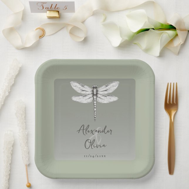 Plato De Papel Sage Green Dragonfly Boda (Boda)