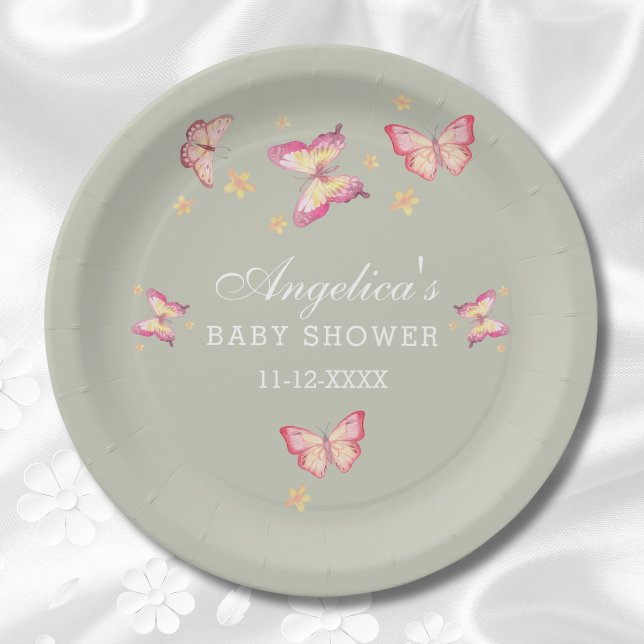 Plato De Papel Sage Green Dusty Peach Peach Butfly Baby Shower (Subido por el creador)