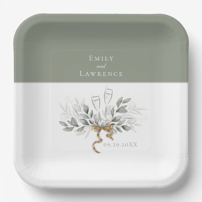 Plato De Papel Sage Green Eucalyptus Champagne Boda Placas (Anverso)