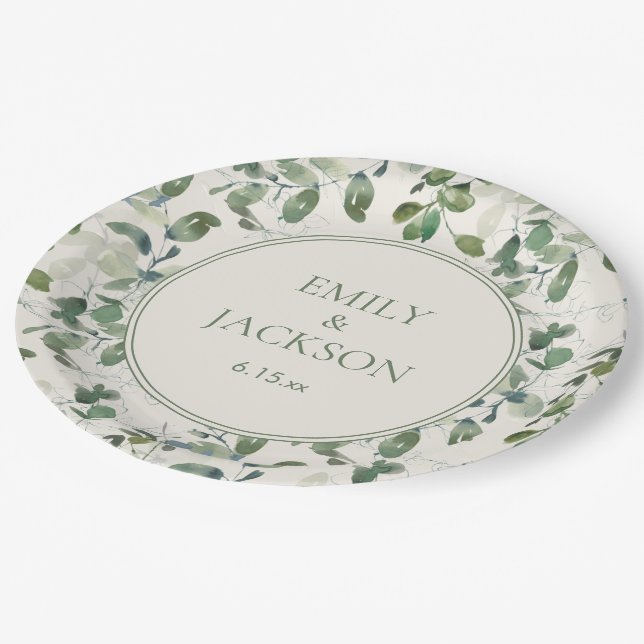 Plato De Papel Sage Green Eucalyptus deja a cream Boda (Angular)