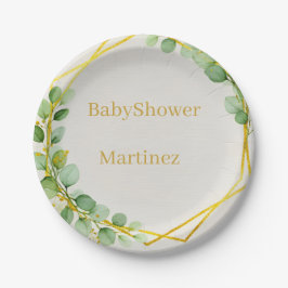 Plato De Papel Sage Green Eucalyptus Gold Baby Shower Paper Plate