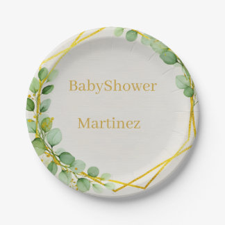 Plato De Papel Sage Green Eucalyptus Gold Baby Shower Paper Plate