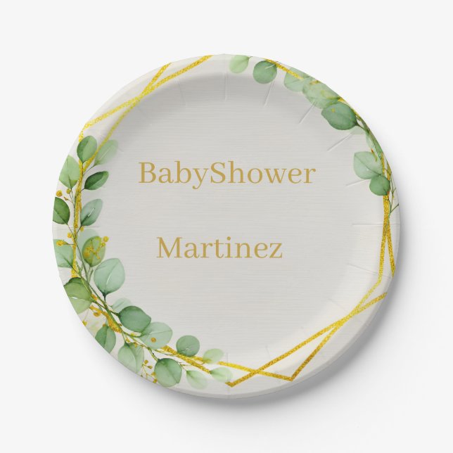 Plato De Papel Sage Green Eucalyptus Gold Baby Shower Paper Plate (Anverso)