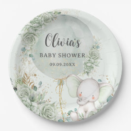Plato De Papel Sage Green Floral Elephant Baby Shower