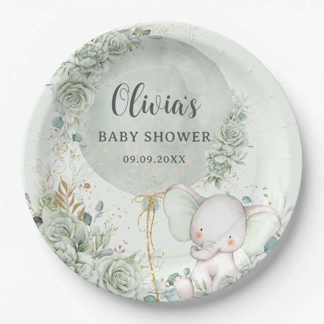 Plato De Papel Sage Green Floral Elephant Baby Shower (Anverso)