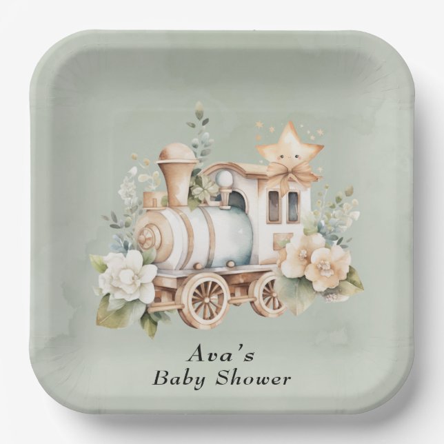 Plato De Papel Sage Green Floral Train Boy Baby Shower (Anverso)