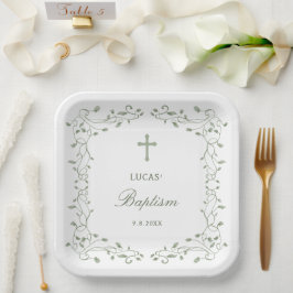 Plato De Papel Sage Green Foliage Frame Baptism