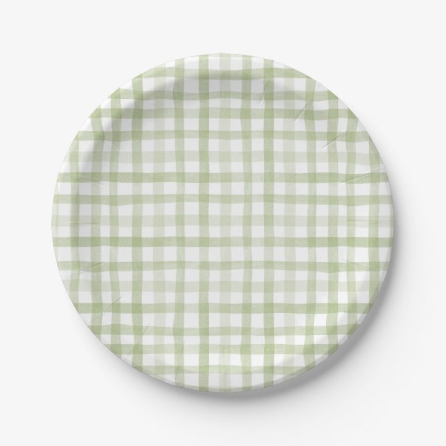 Plato De Papel Sage Green Gingham (Anverso)