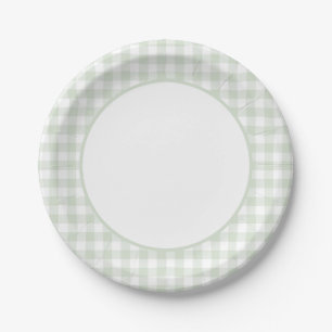 Plato De Papel Sage Green Gingham Baby Shower