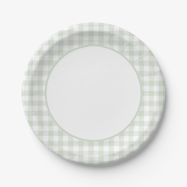Plato De Papel Sage Green Gingham Baby Shower (Anverso)