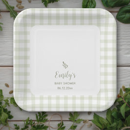 Plato De Papel Sage Green Gingham Baby Shower