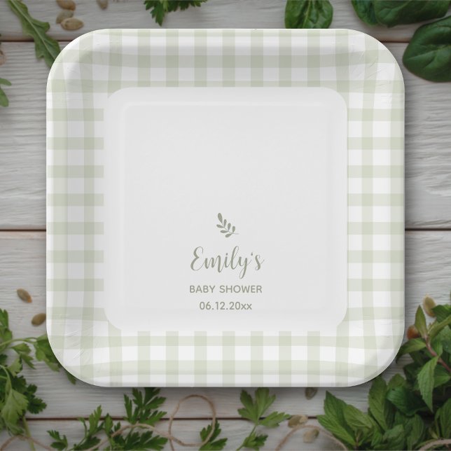 Plato De Papel Sage Green Gingham Baby Shower (Subido por el creador)