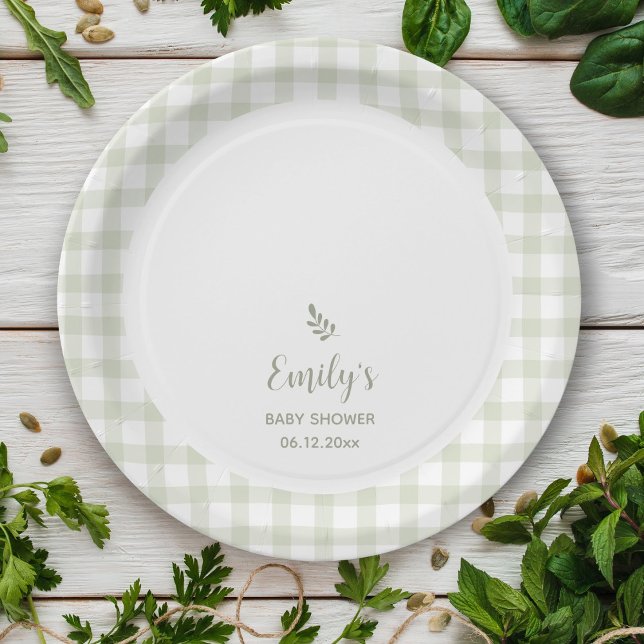 Plato De Papel Sage Green Gingham Baby Shower (Subido por el creador)