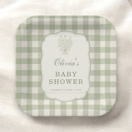 Plato De Papel Sage Green Gingham Baby Shower Party