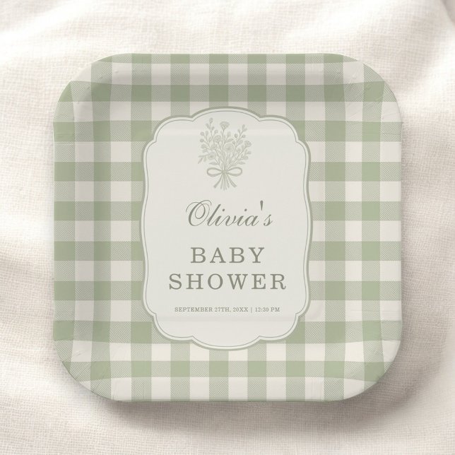 Plato De Papel Sage Green Gingham Baby Shower Party (Subido por el creador)